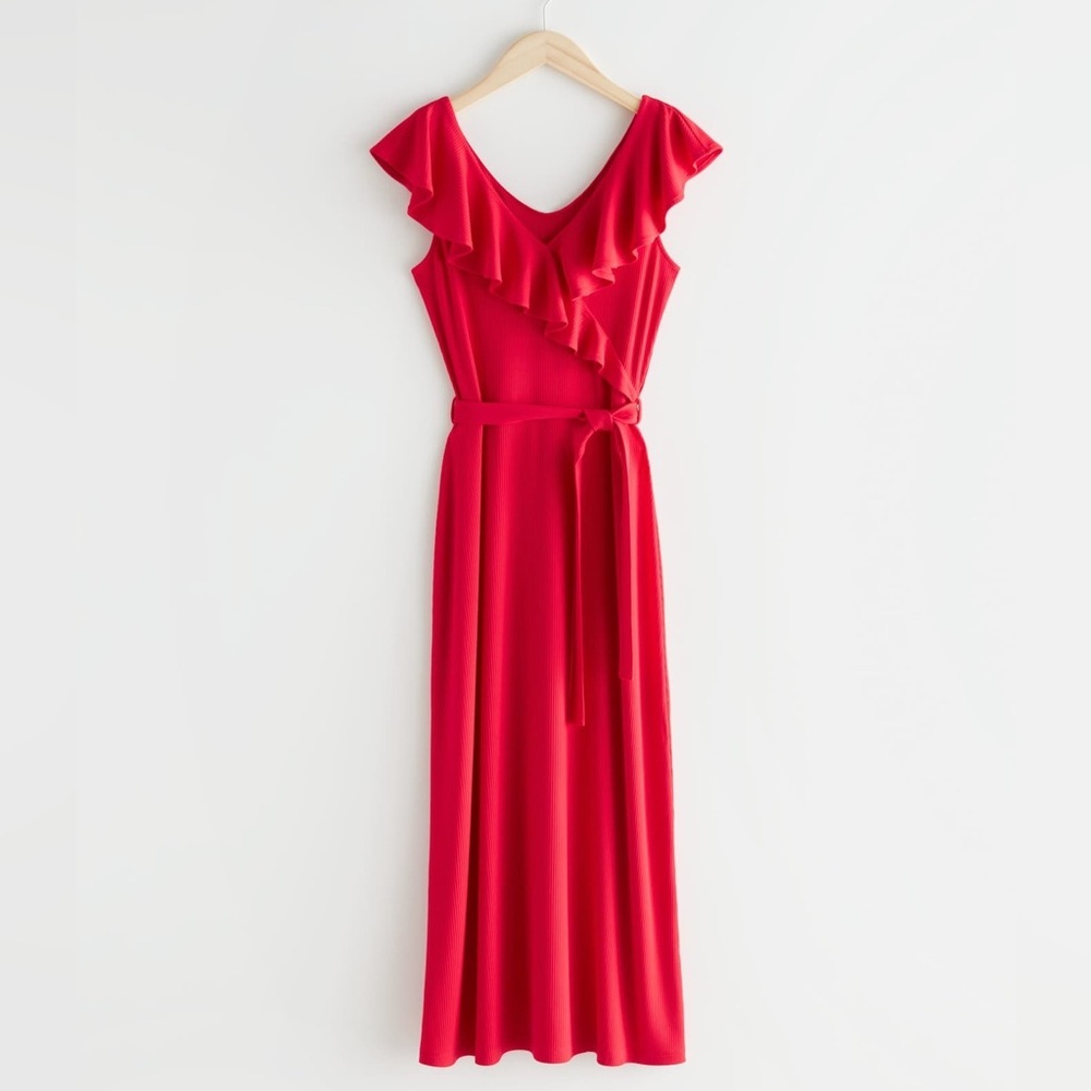& OTHER STORIES Ruffle Neck Midi Red Dress Size M - Picture 2 of 8